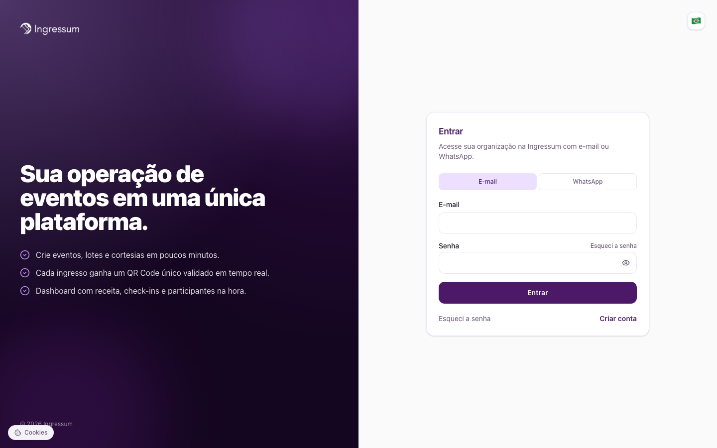 Tela de login da Ingressum