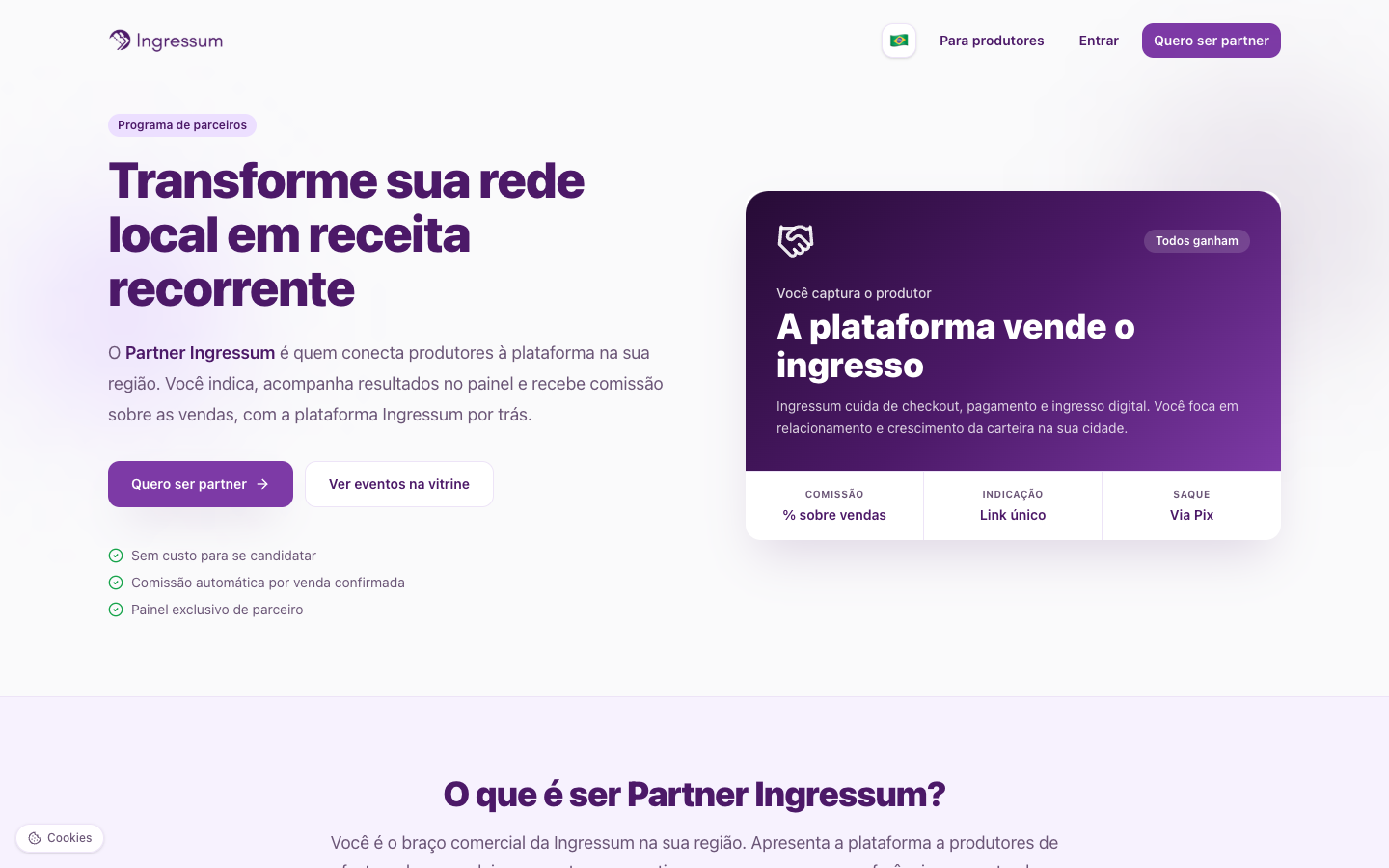 Landing page Seja Partner da Ingressum