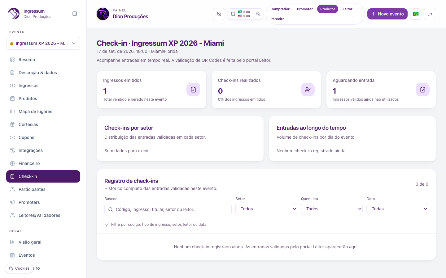 Tela de check-in com leitura de QR