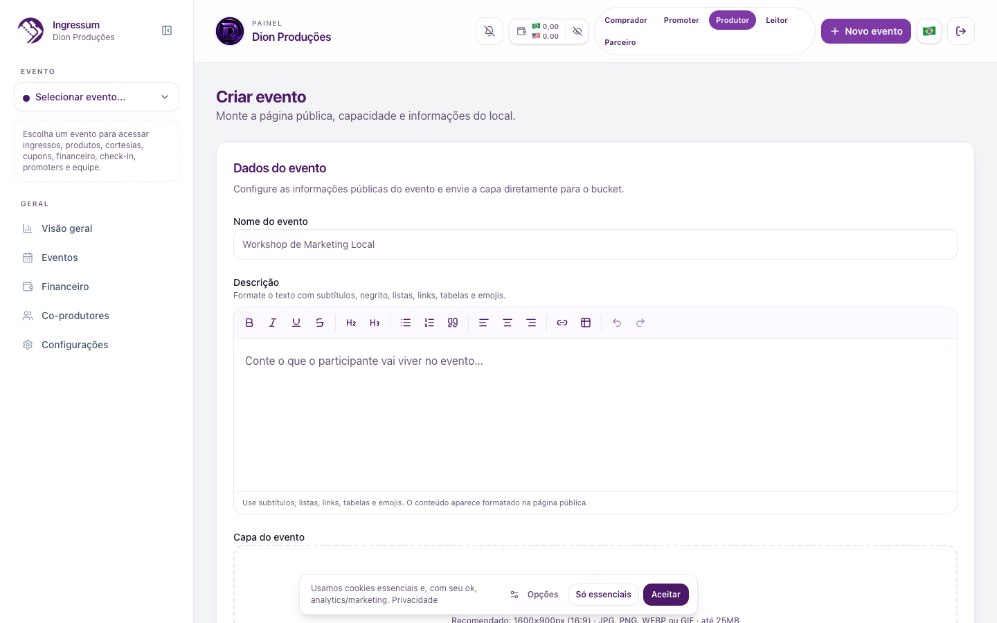 Formulário de criação de evento