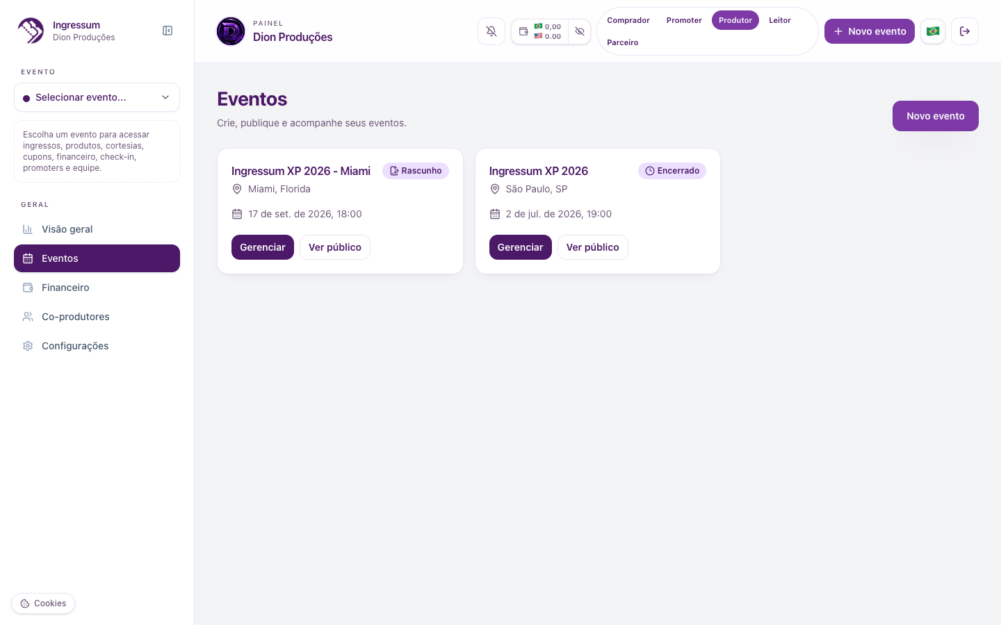 Lista de eventos no painel do produtor